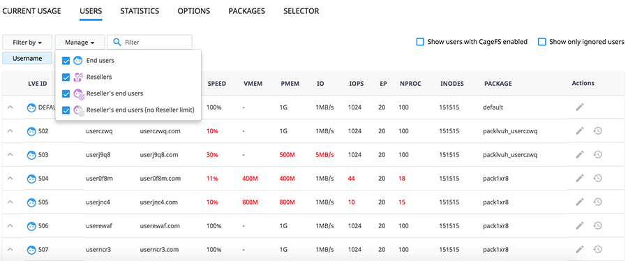 Cloudlinux LVE Manager Interface