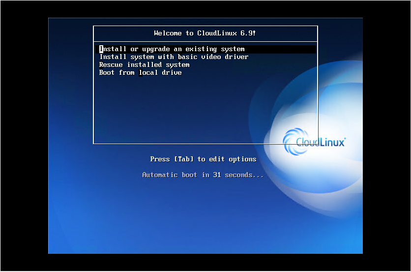 CloudLinux Installation Step 1: Boot from Media