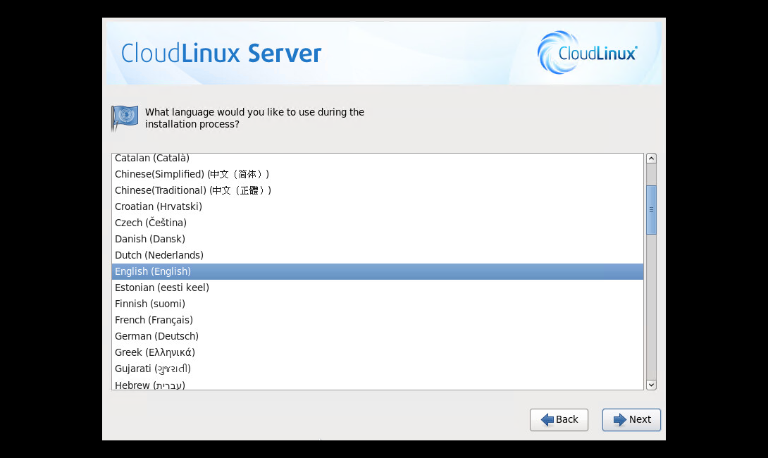 CloudLinux Installation Step 5: Language Selection