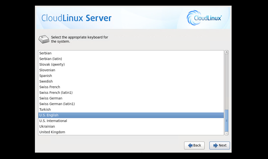 CloudLinux Installation Step 6: Keyboard Layout