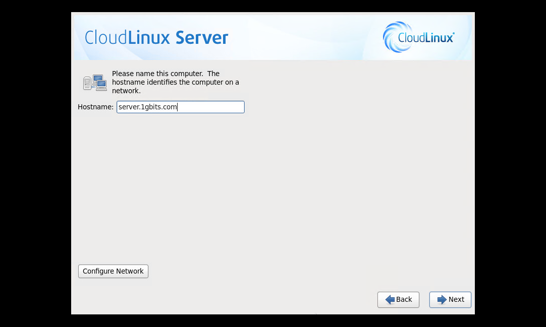 CloudLinux Installation Step 9: Hostname and Network Configuration