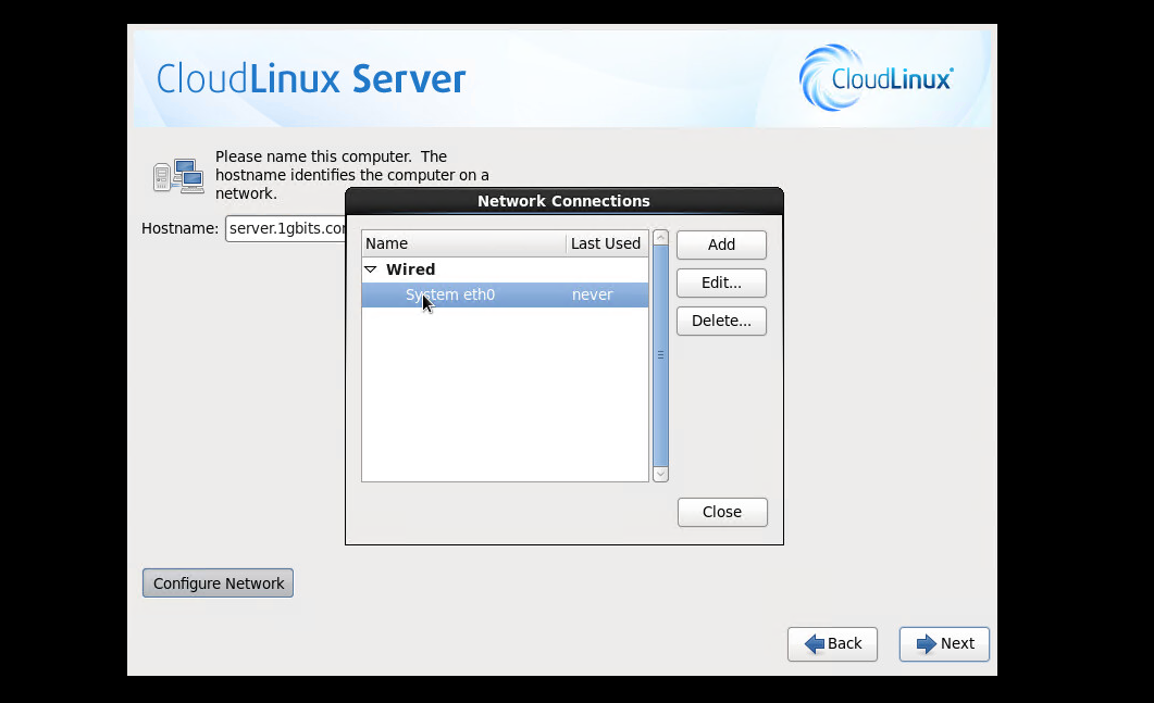 CloudLinux Installation Step 10: Configure Network Interface