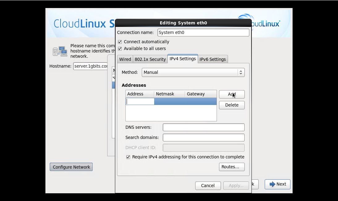 CloudLinux Installation Step 11: IPv4 Settings Configuration