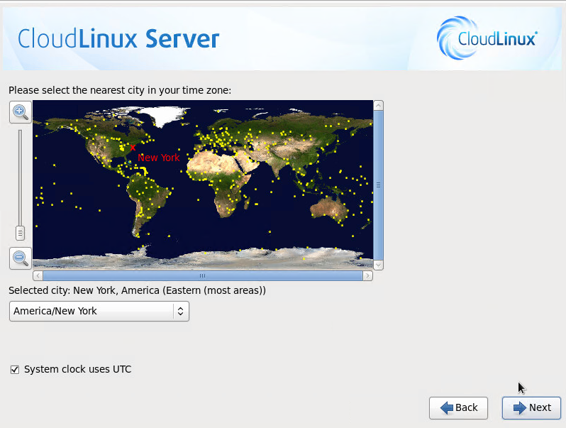 CloudLinux Installation Step 13: Time Zone Selection