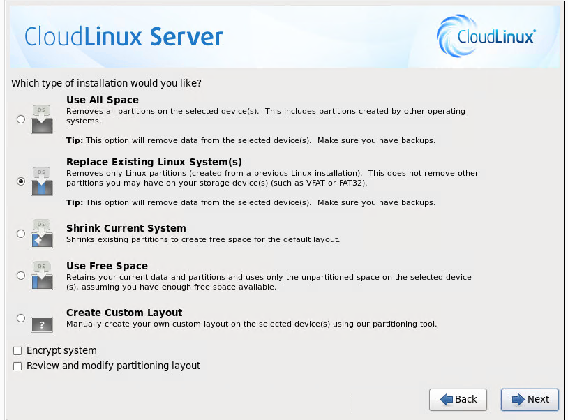 CloudLinux Installation Step 15: Partitioning Layout