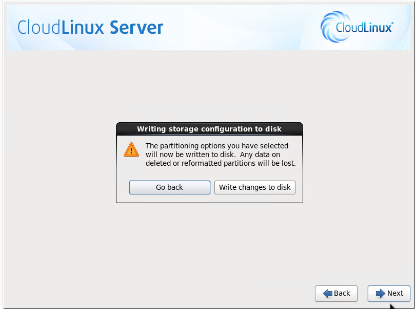 CloudLinux Installation Step 16: Write Changes to Disk