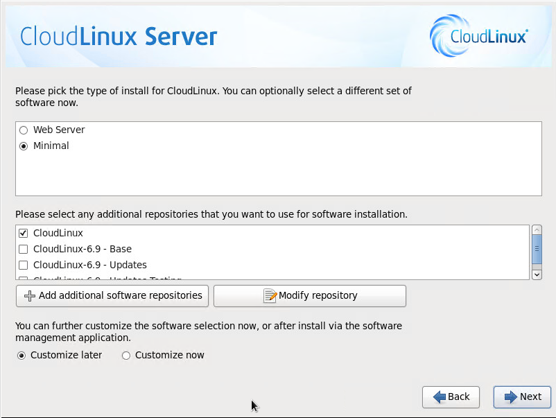 CloudLinux Installation Step 17: Software Selection