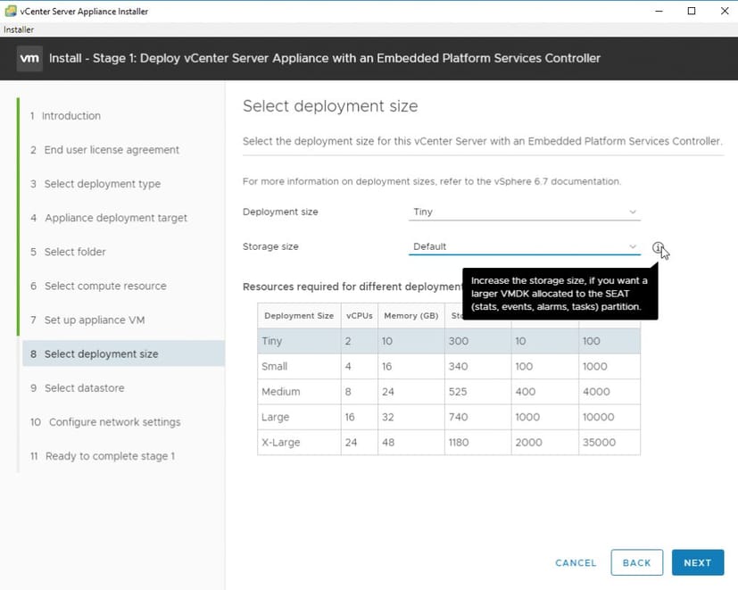 Choose storage size depending on your environment.