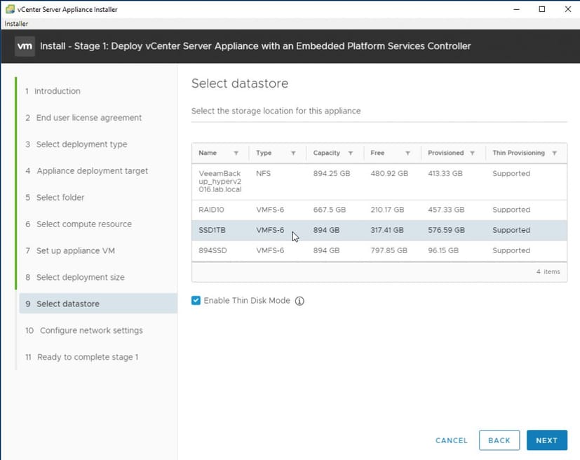 Select the datastore where those VMDKs will be stored.