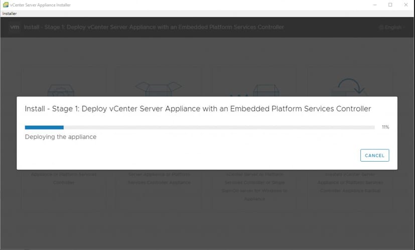 Stage 1 is deploying the VCSA appliance.