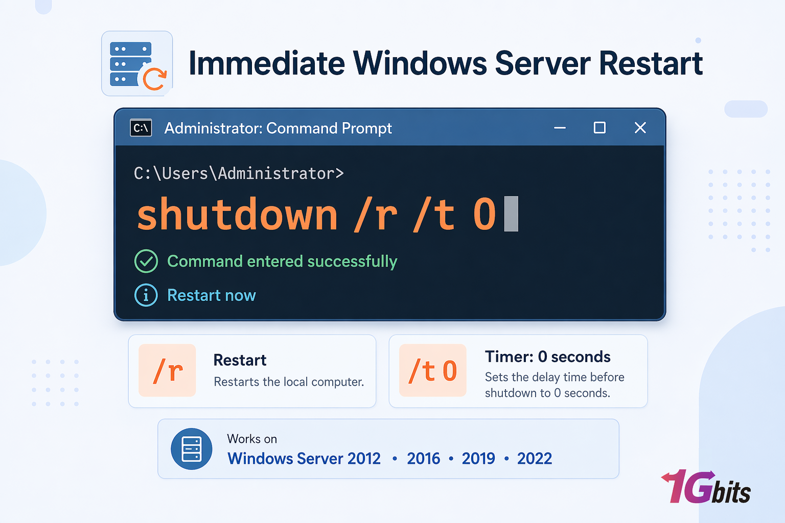 shutdown r t 0 command example to restart Windows Server immediately using CMD