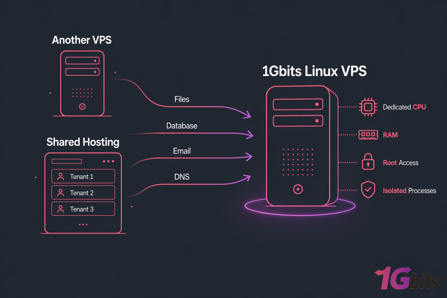 Diagram of Shared Hosting and Another VPS migrating files, database, email, and DNS into a 1Gbits Linux VPS