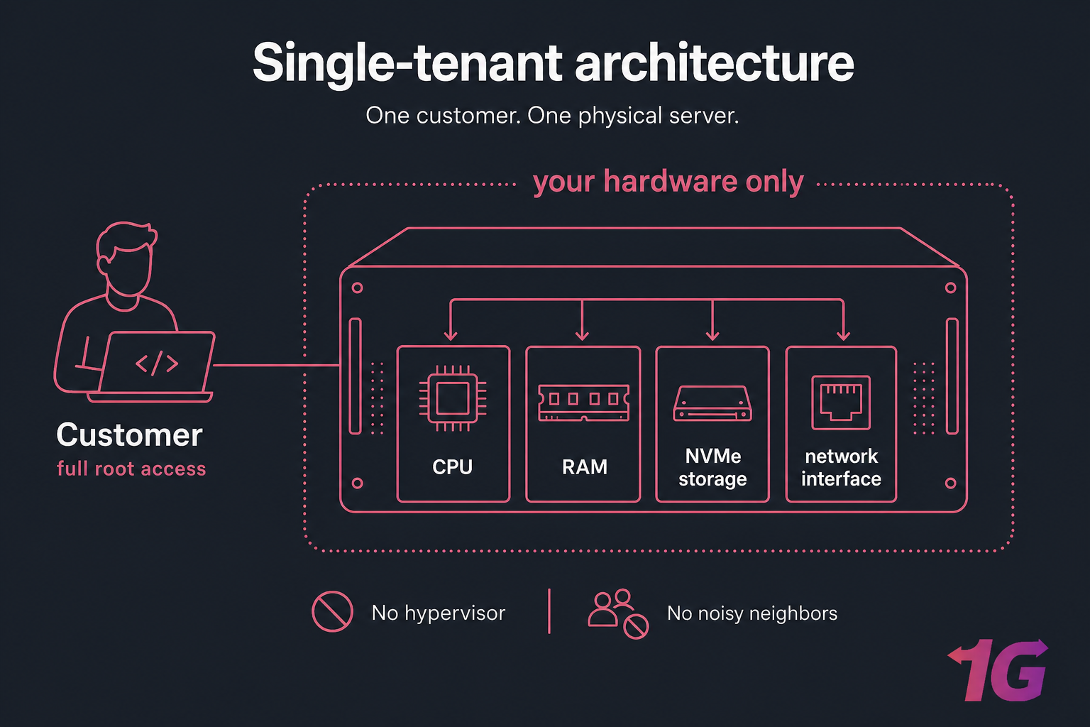 Single-tenant architecture diagram showing one customer with exclusive access to server hardware