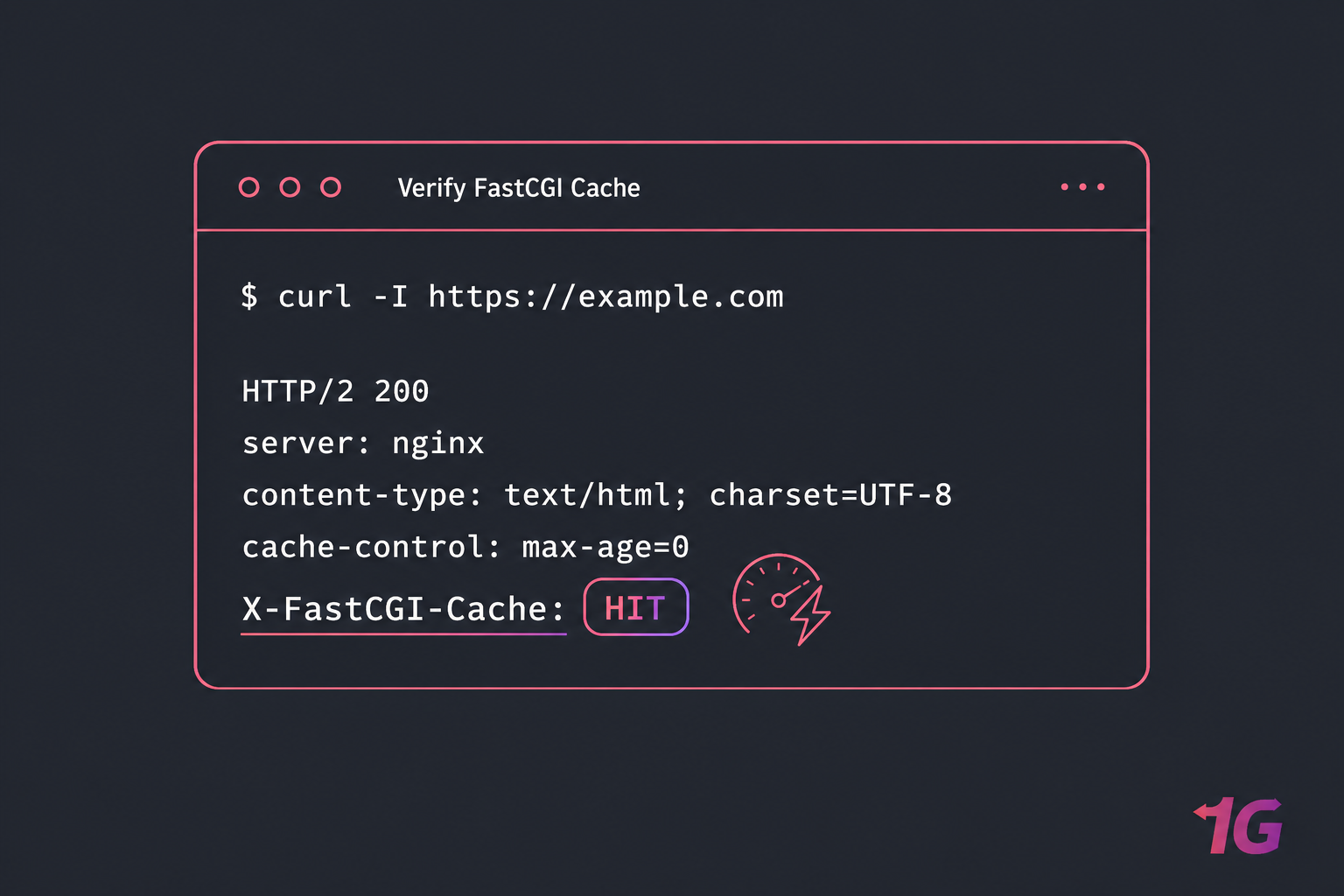 Stylised terminal illustration showing curl output with X-FastCGI-Cache: HIT highlighted.