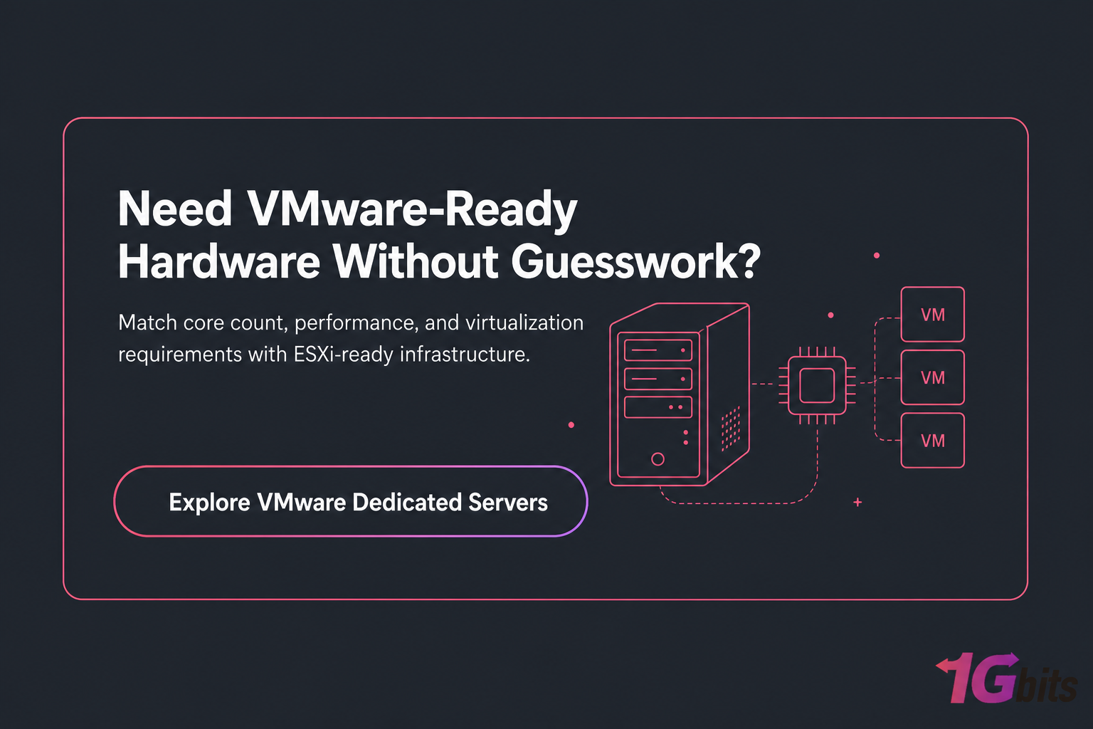 Dark CTA card for VMware-ready hardware with headline, support text, and server exploration button.