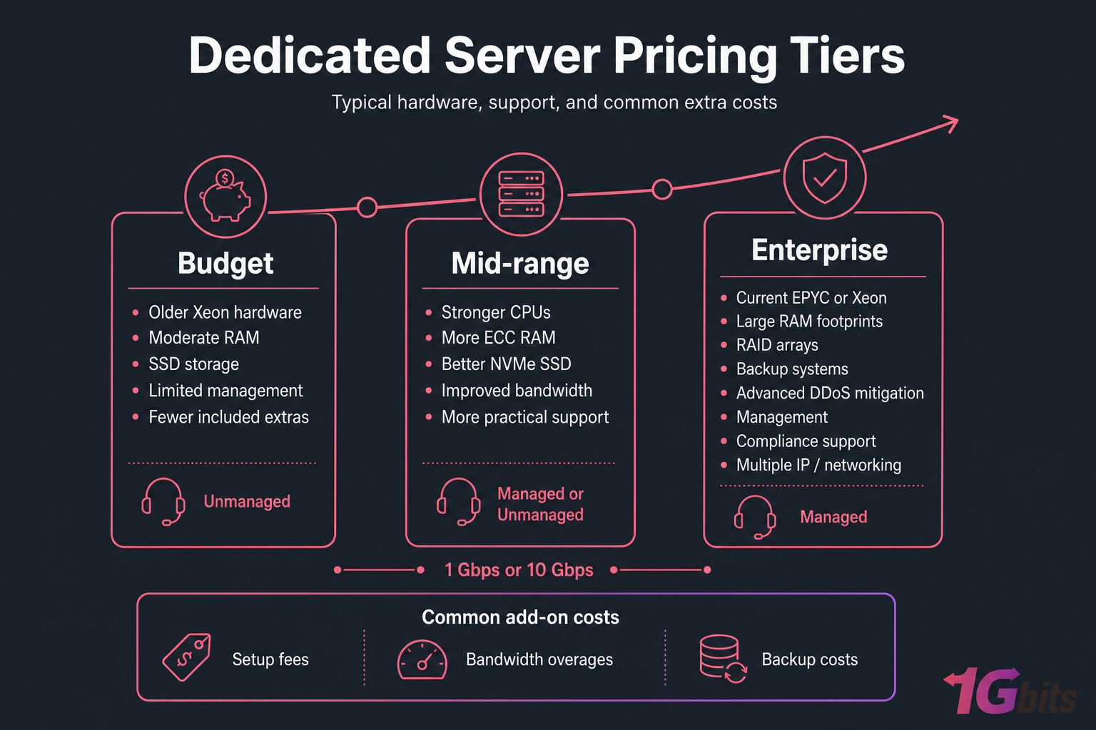 Dark infographic comparing Budget, Mid-range, and Enterprise dedicated server pricing tiers.