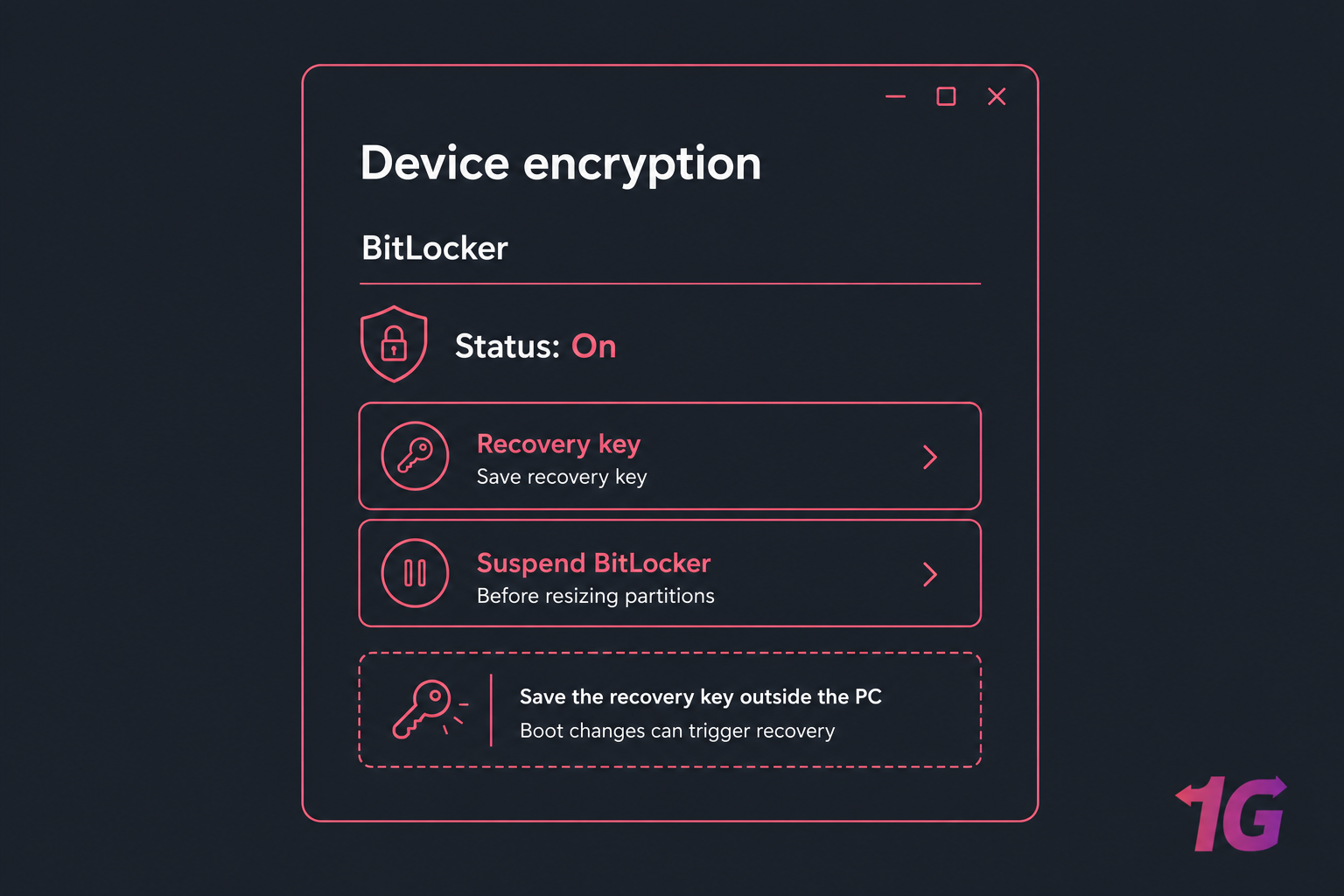 Stylised BitLocker settings panel highlighting device encryption status and recovery key options.