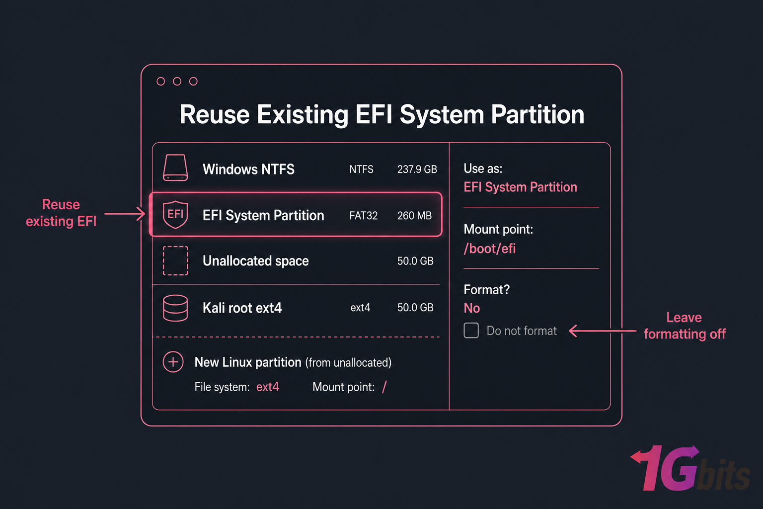 Stylised installer partition editor showing existing EFI partition reused with formatting disabled.