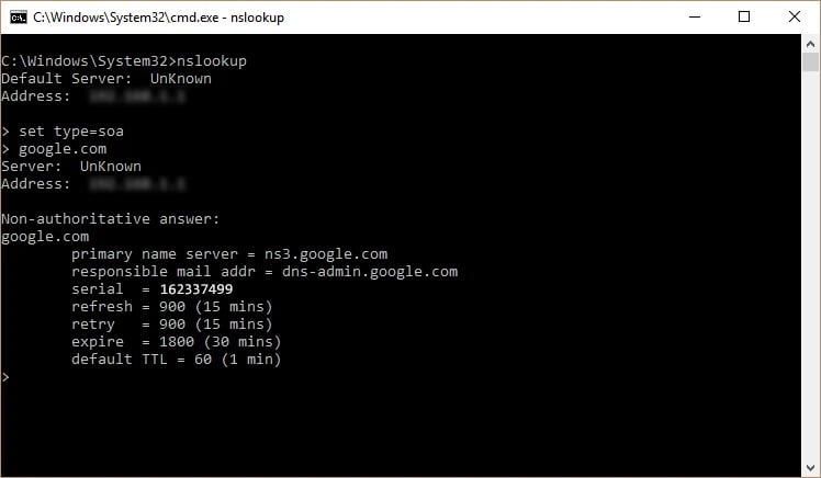 NsLookup commands to Getting the SOA Record of A Domain