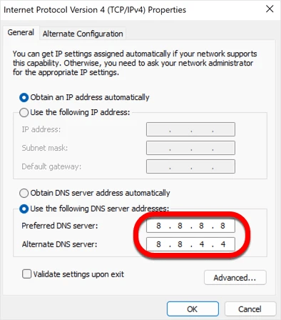 Use the following DNS server addresses