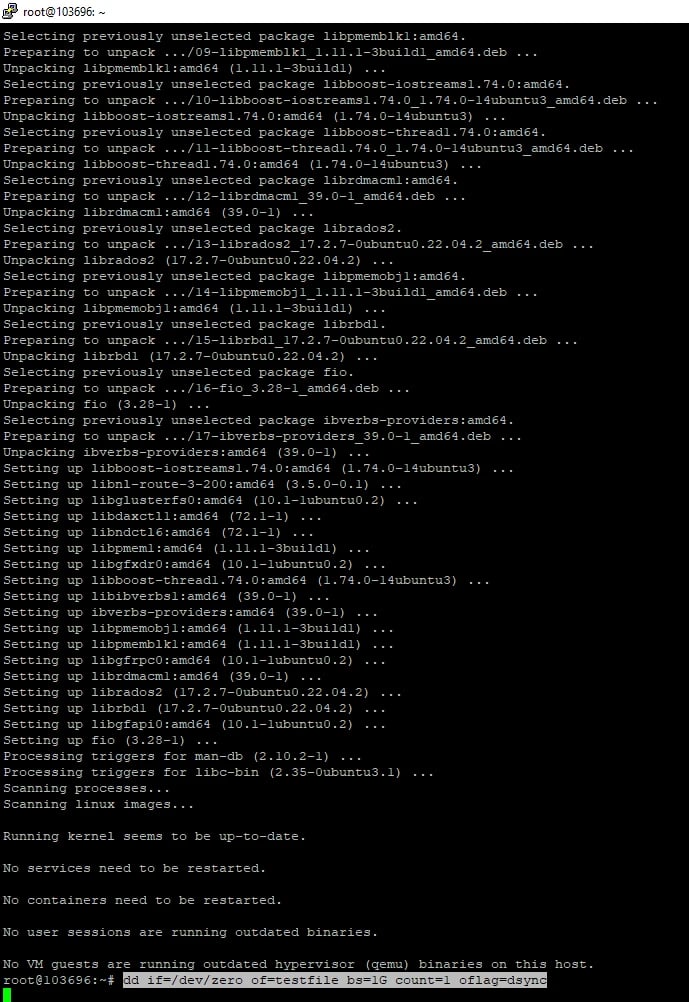 nstallation process of fio and hdparm packages in terminal