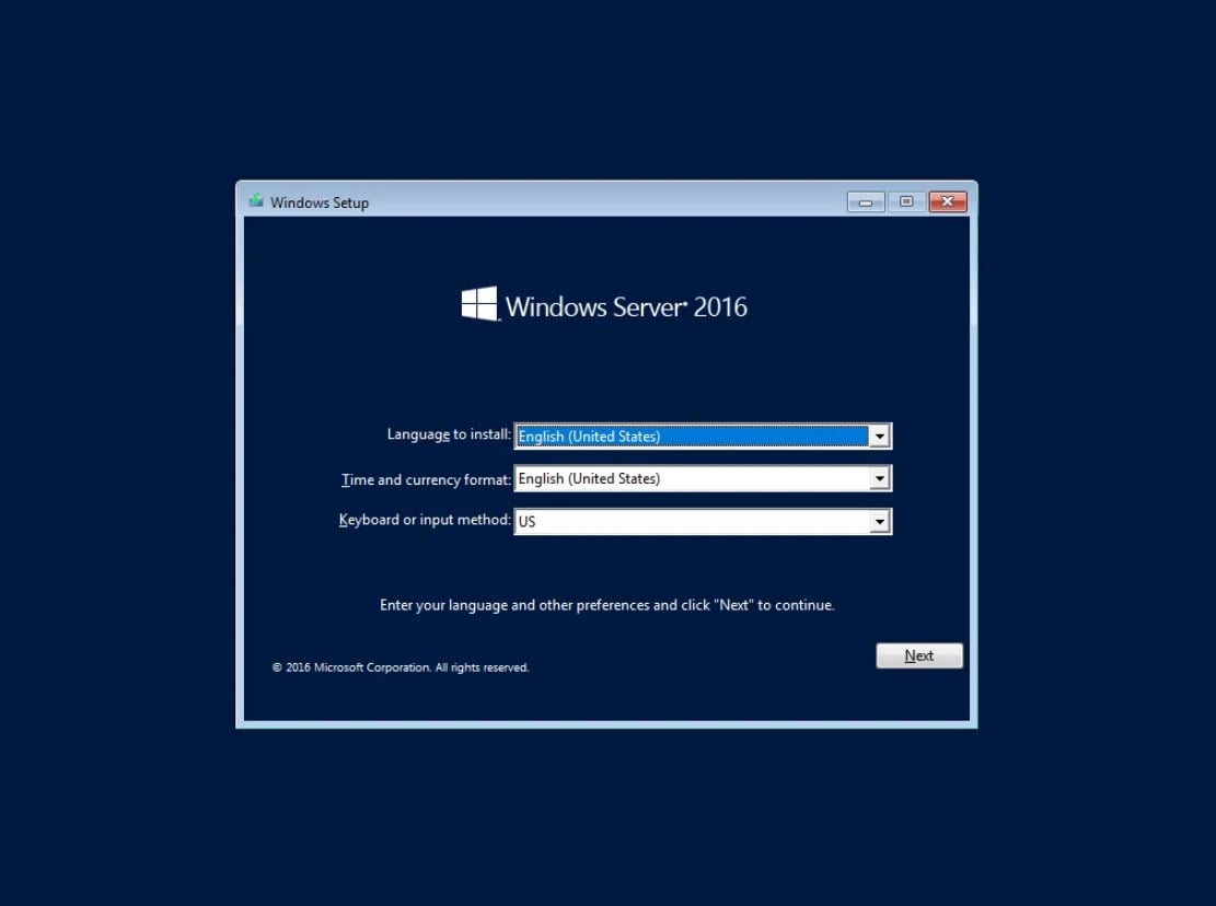 first page windows server setup
