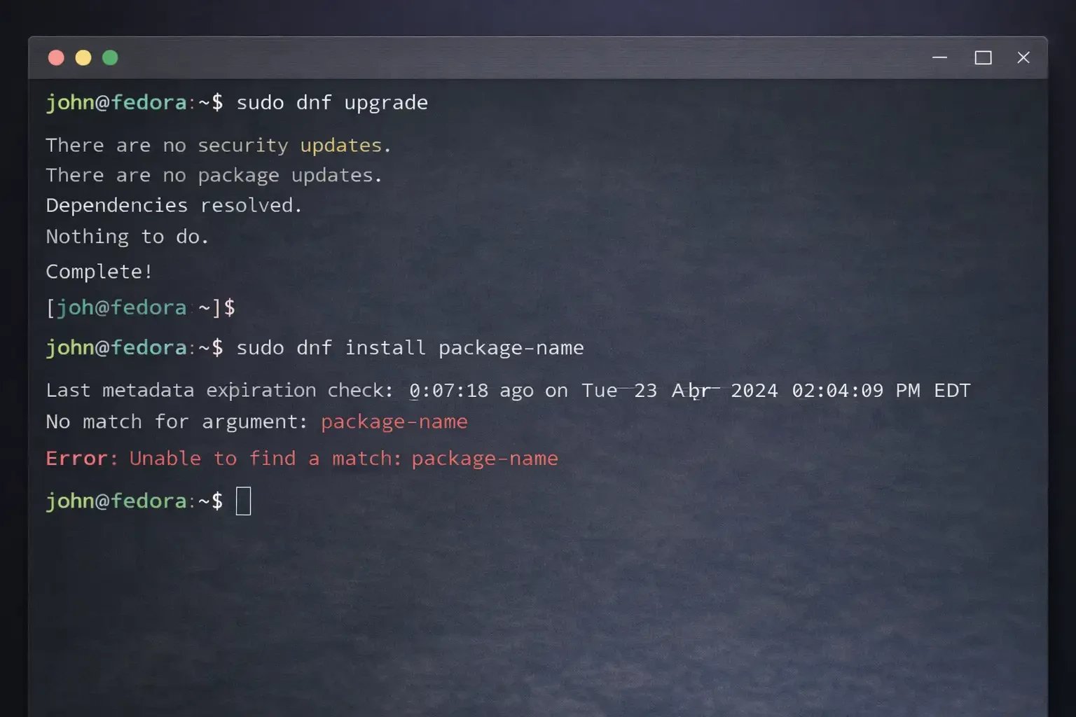 Fedora uses DNF with .rpm packages.