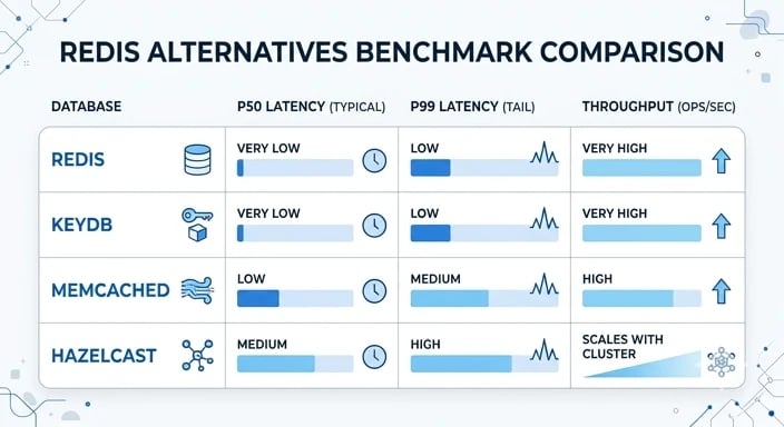 Redis alternatives benchmark infographic comparing latency and throughput across Redis, KeyDB, Memcached, and Hazelcast