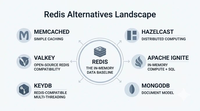 Redis alternatives benchmark infographic comparing latency and throughput across Redis, KeyDB, Memcached, and Hazelcast