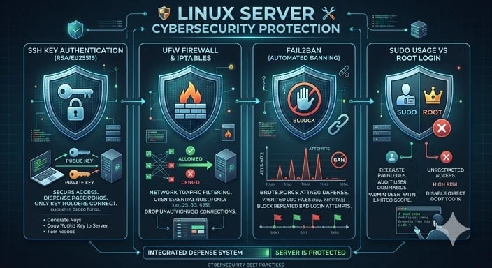 Linux server security best practices including SSH keys firewall and fail2ban