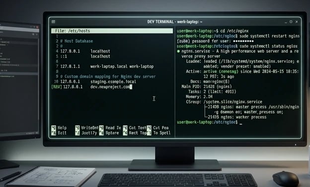 editing /etc/hosts and restarting nginx using sudo in Linux terminal