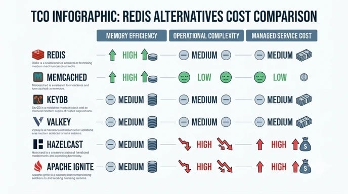 Redis alternatives TCO infographic comparing memory efficiency, operational complexity, and managed service costs