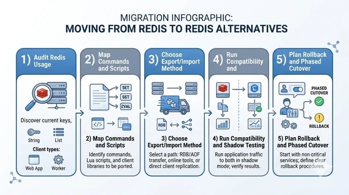 Redis migration checklist infographic showing audit, export, compatibility testing, rollback, and cutover steps