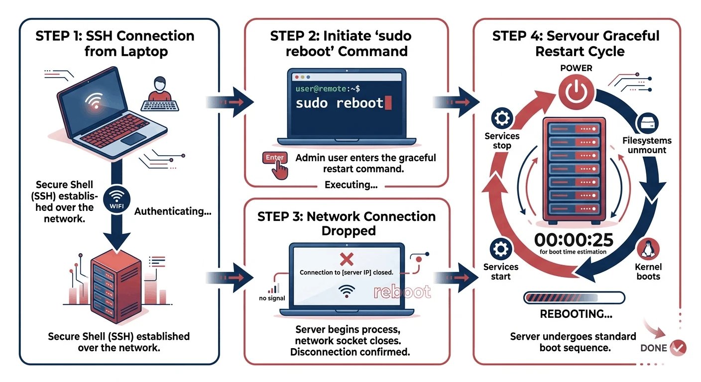 Steps to restart an Ubuntu server from terminal over SSH