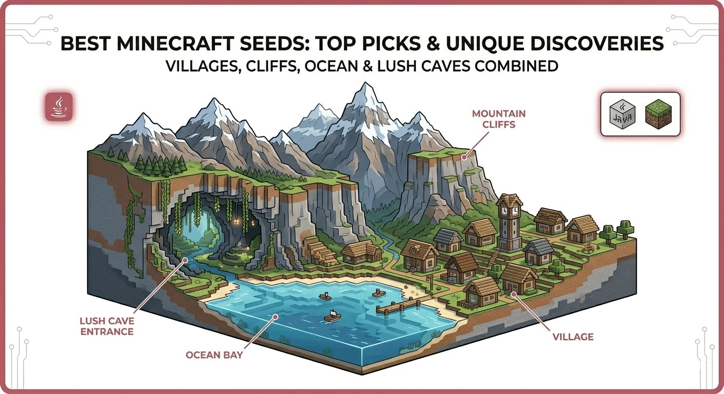 Minecraft seed testing log screenshot showing terrain, structures, and biome verification