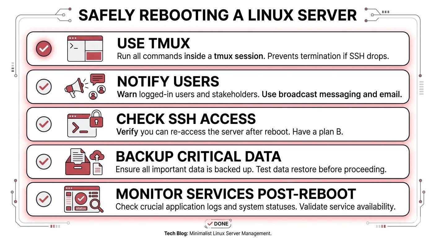 Checklist for safely rebooting a remote Ubuntu server without losing SSH access