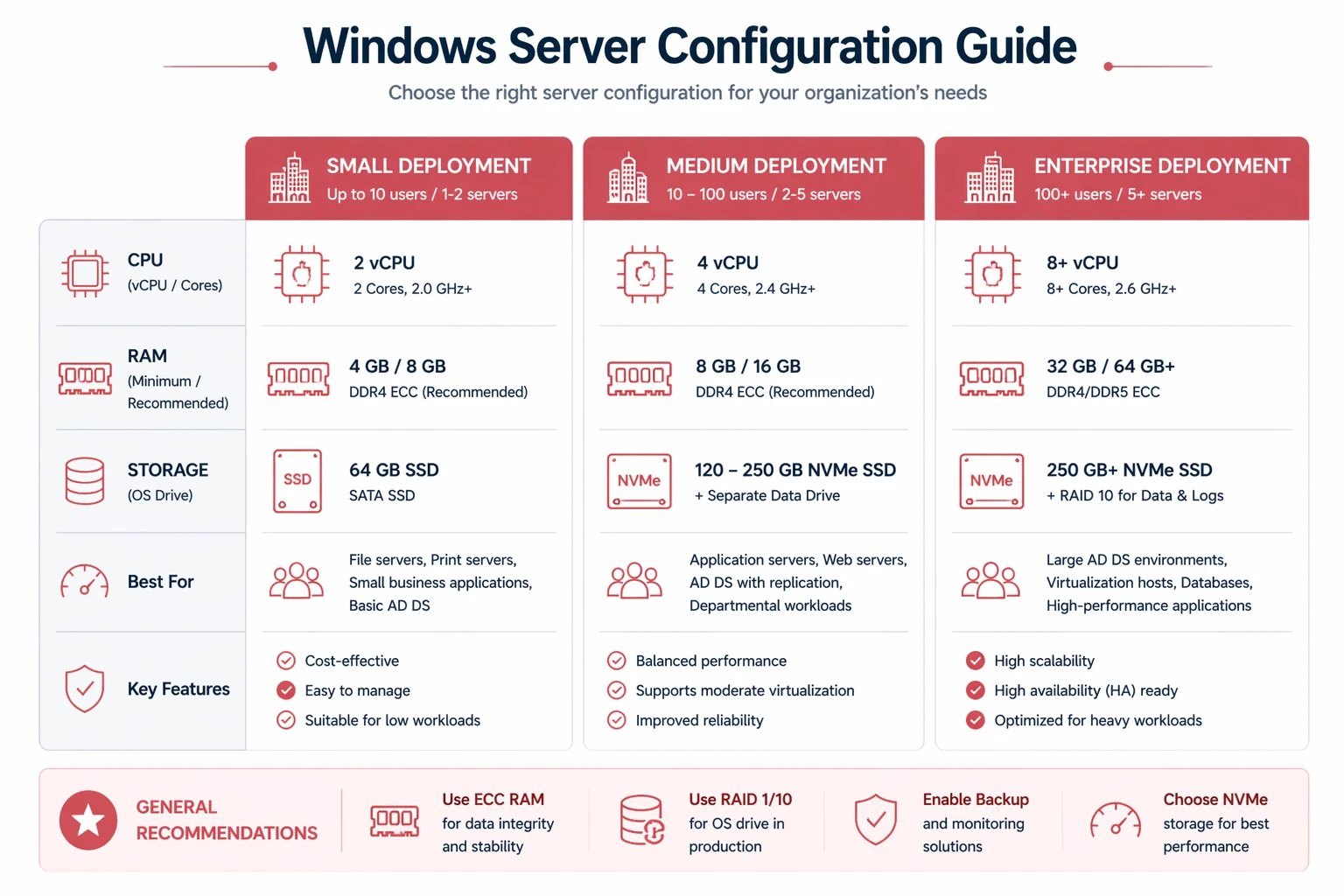 Windows Server sizing guide for small medium and enterprise workloads with CPU RAM and storage comparison