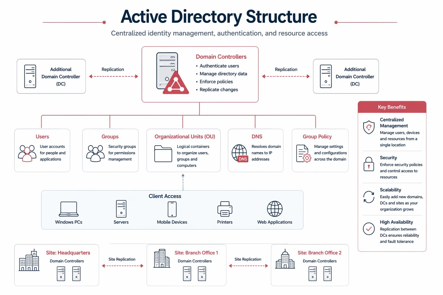 Active Directory architecture diagram with domain controller users groups DNS and replication