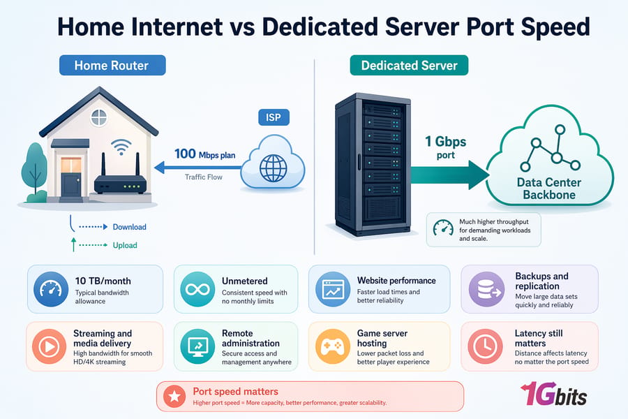 comparison of home internet Mbps and dedicated server bandwidth port speed