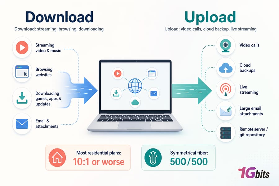 download and upload speed comparison showing data flow direction in internet connection