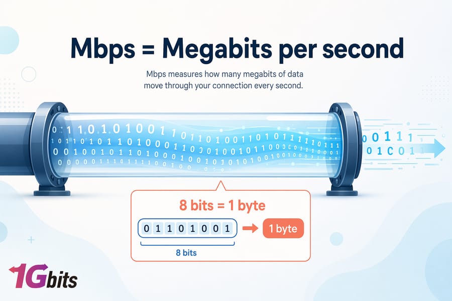 Mbps meaning megabits per second explained with data transfer concept and bits to bytes conversion