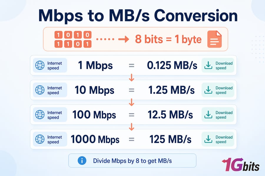 difference between Mbps and MBps with bits to bytes conversion chart and download speed examples
