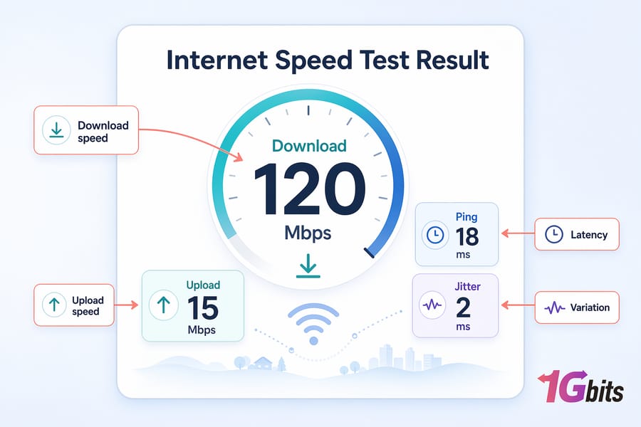 internet speed test results showing download upload speed ping and jitter in Mbps