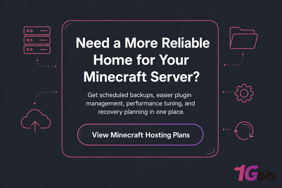 Dark editorial CTA card for Minecraft hosting plans with backup and recovery benefits.