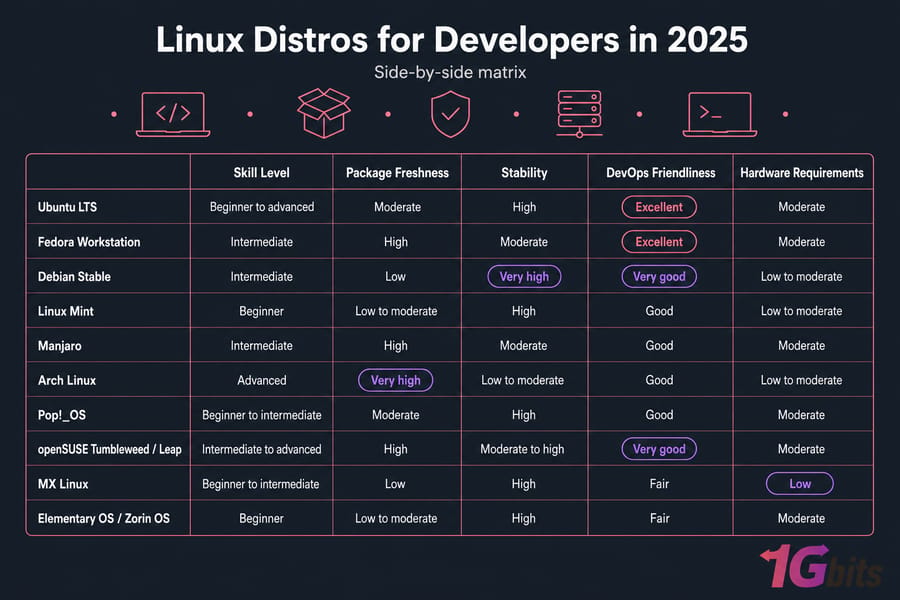 Comparison matrix of 10 Linux distros for developers in 2025 across five key criteria.