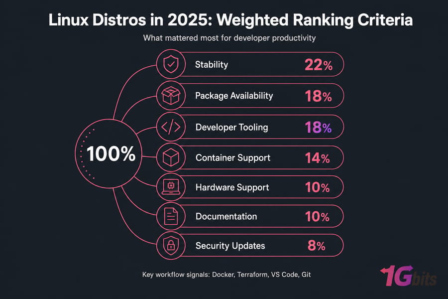 Dark infographic showing weighted Linux distro ranking criteria and percentages for 2025.