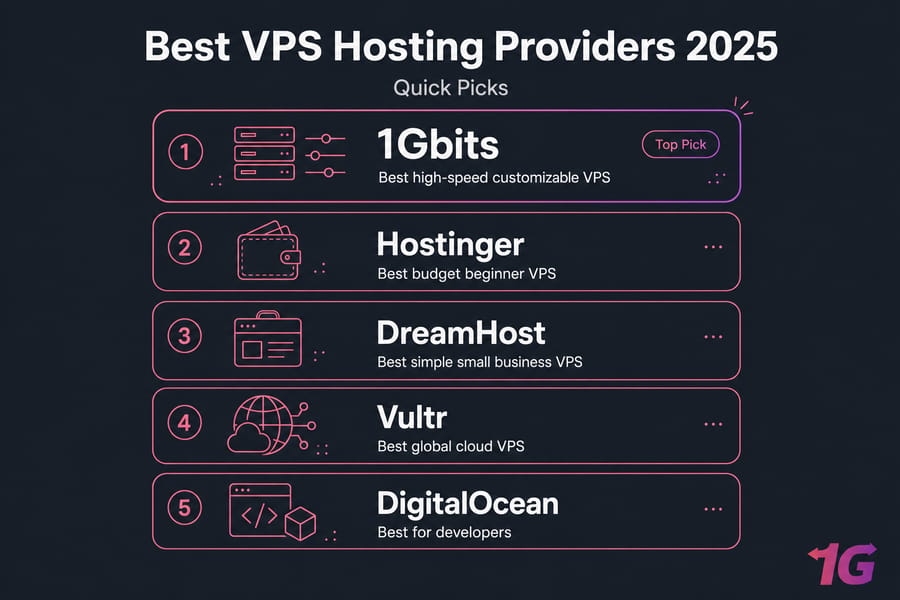 Quick-picks card listing the best VPS hosting providers of 2025 and each provider's best use case.