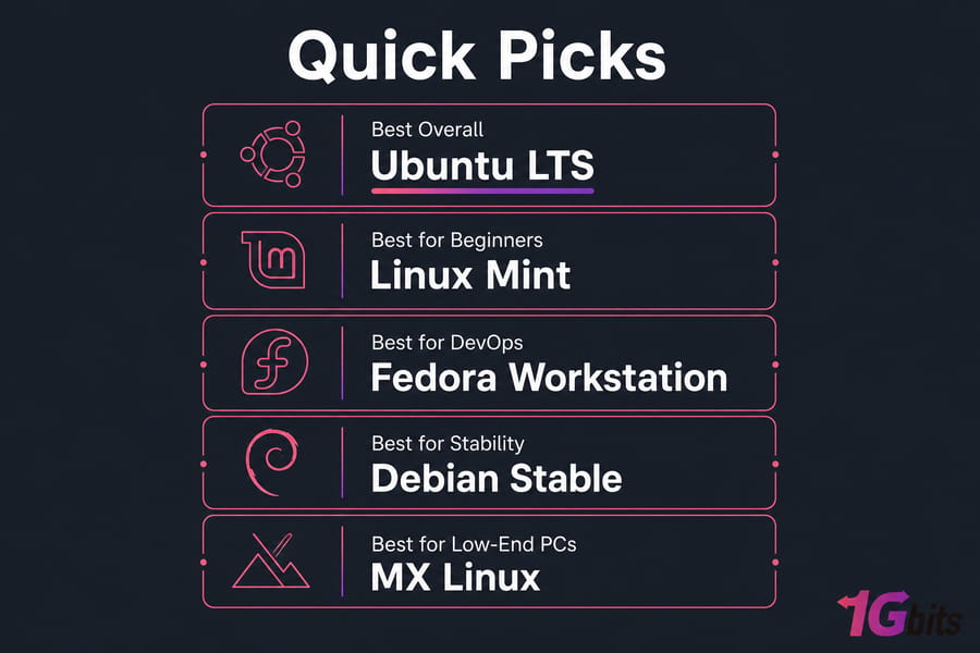 Quick picks card listing top Linux distros for developers in 2025 by use case.