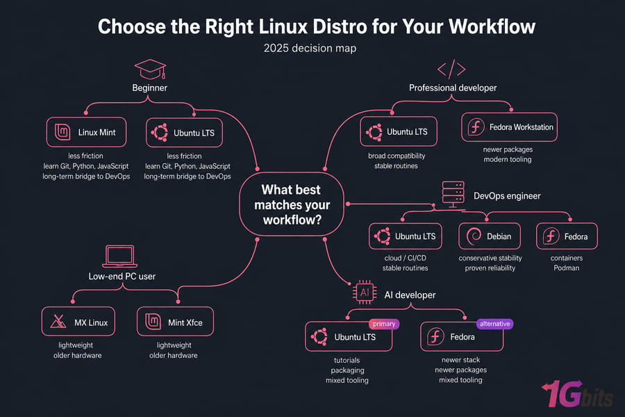 Workflow diagram mapping user types to recommended Linux distros for 2025.