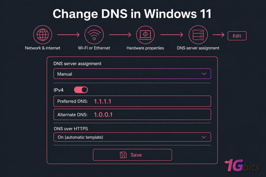Conceptual Windows 11 DNS panel with Manual IPv4 and Cloudflare 1.1.1.1 and 1.0.0.1.